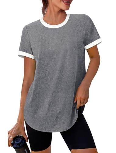Summer Tops for Women 2026 Short Sleeve Workout Tops Gym Clothes Athletic Tshirts Shirts Yoga Pilates Outfits Fitness Clothing Sun Protection Running T Shirts Loose Fit Grey L
