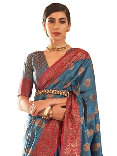 SWORNOF Women's kanjivaram banarasi silk saree Zari Woven festival Wedding silk sarees for women with Unstitched blouse piece