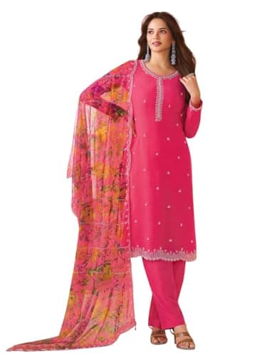 FABMIAMI Indian Pakistani Woman's Traditional Wear Heavy Siffon salwar kameez suit Ready to Wear Dress, Dupatta FM-117 (US, Numeric, 54, Regular, Regular, Dark Rani)