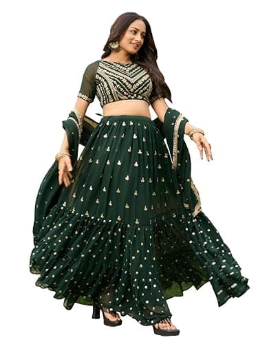 Cbazaar Ready To Wear Green Net Sequins A Line Wedding Lehenga With Matching Choli And Dupatta Sweetheart Neck Green_SMALL