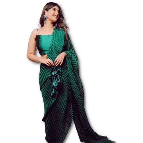 Sidhidata Women's Full Crushed/Pleated Satin Saree With Unstitched Blouse Piece (Dark Green)