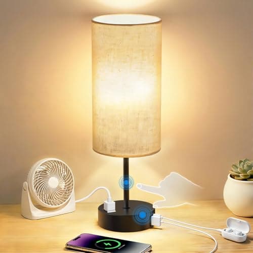 Fitfull Table Lamp for Nightstand, High-Sensitivity Touch, 3-Level Dimmable Bedside Lamp with AC Outlet | USB | and USB-C, Ideal Night Stand Lamp for Bedroom, Reading, Living Room (Beige&Black)
