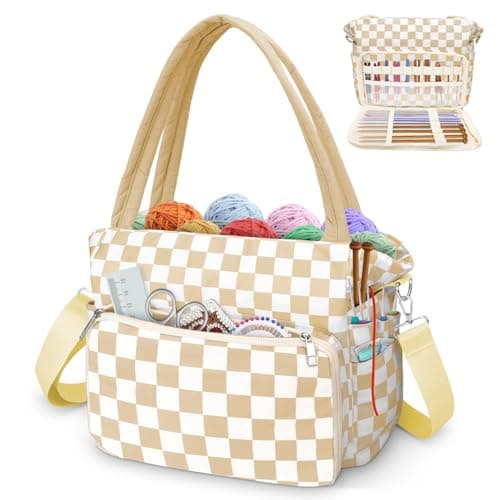 DALINDA Crochet Bag Organizer,Yarn Bag and Tote- Yarn Storage with Multiple Pockets for Crochet Supplies, Knitting Bag for Gifts,Portable & Durable (Brown Plaid)