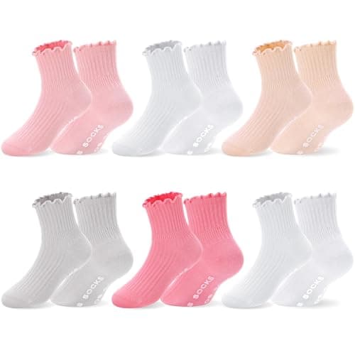 scenicamp 6 Pairs Baby Girls Non-Slip Ruffle Ankle Socks with Grips, 1-3 Y