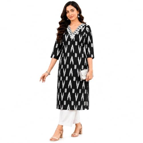 Ramkudi Kurti for Women | Straight Fit Cotton Printed Kurtis | 3/4 Sleeves Indian Style Tunic | Casual Kurtis for Girls Black