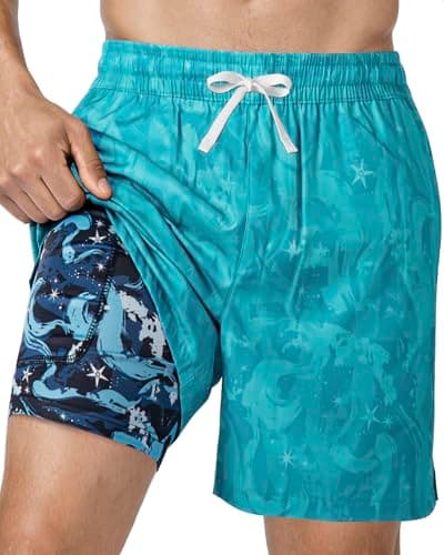 FreSprtti Men's 2 in 1 Swim Trunks Quick Dry Beach Board Shorts Swimwear with Pockets, Bathing Suit for Casual Vacation