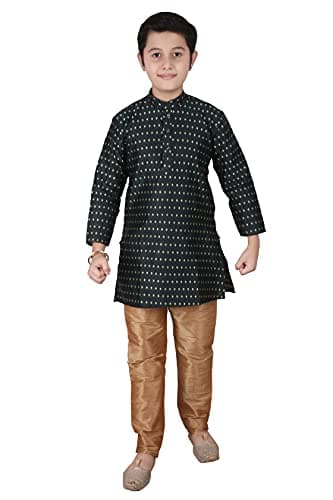 Pro-Ethic Style Developer Jacquard Silk Kids Kurta Sets For Boys Indian Traditional clothing | Pack Of 1 (DGreen, 4-5 T)