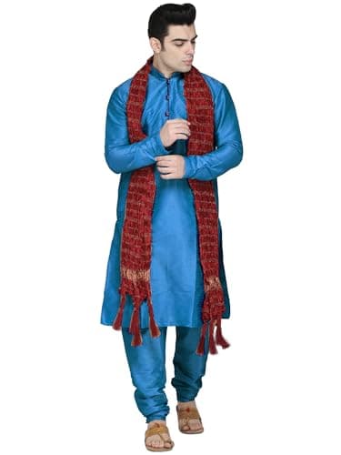 SKAVIJ Men's Dupion Silk Embroidered Kurta Set with Scarf Woven Design Thread Work 3-Piece Ethnic Dress (KP031turquoise_Turquoise_S)