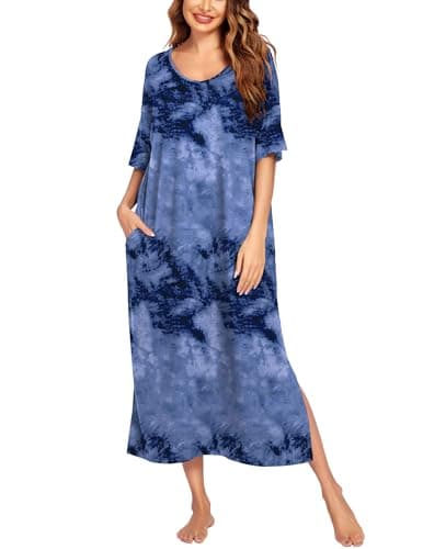 Ekouaer Long Nightgown for Women Short Sleeve Sleepwear Plus Size Loungewear with Pockets Tie Dye Blue XXL