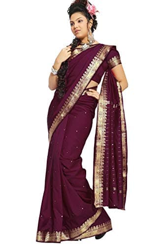 Sanskruti India Womens Indian Ethnic Traditional Banarasi Art Silk Saree Sari Wrap Fabric Dress Drape (Wine)