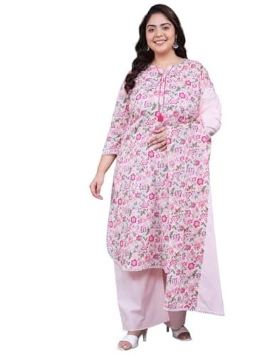 Tissu Women's Plus Size Pink Floral Printed Pure Cotton Kurta & Palazzo With Dupatta (684_Pink_6XL)