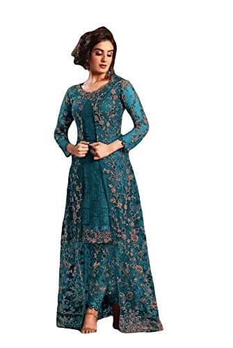 shopNstyle Ready to Wear Pakistani Style Ethnic Wear Embroidered Designer Koti Salwar Kameez Salwar Suit for Women (Rama Green, M)