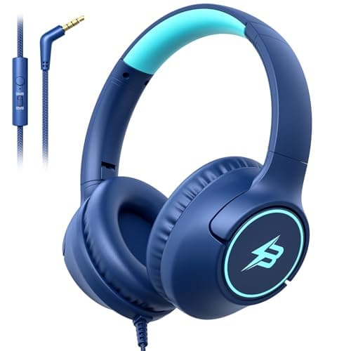 Kids Headphones Wired for School, 3.5mm Safe Volume Limited with Mic, Navy