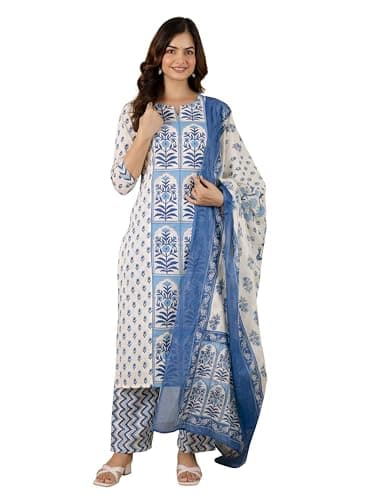TRENDMALLS Women's Pure Cotton Floral Printed Kurta Pant with Dupatta Set (G412-SkyBlue-XL)