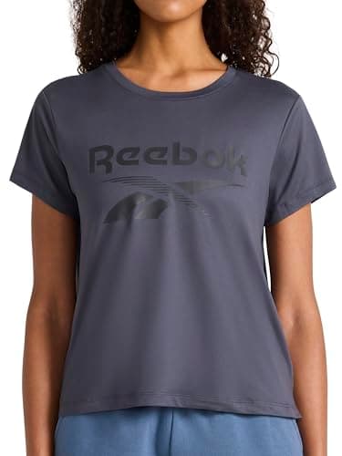 Reebok Women’s Lockup Striped Cropped Crewneck T-Shirt, Standard Fit, Lightweight Stretch Poly Performance Fabric, India Ink, Large