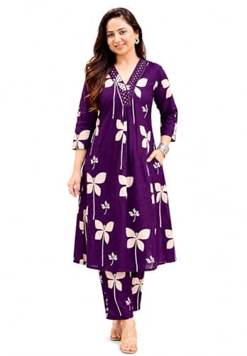Women’s Floral Printed Kurta Set with Straight Pants | 3/4 Sleeve Cotton Kurta| Casual & Festive Wear (US, Alpha, 4X-Large, Regular, Regular, Purple)