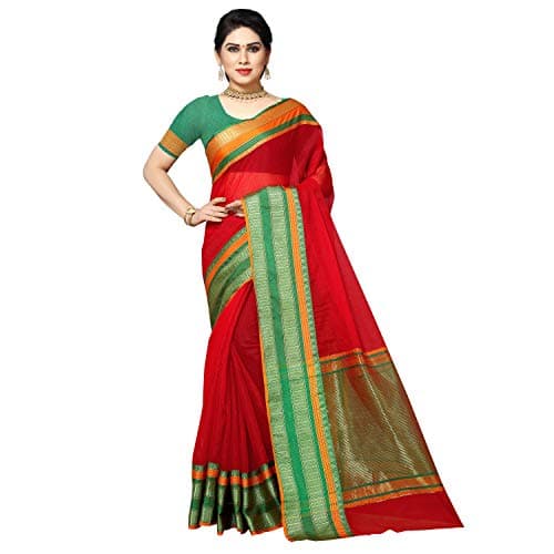 Sidhidata Women's Temple Border Kota Doria Cotton Manipuri Saree With Unstiched Blouse Piece (Kangana Red1_Red_Free Size)