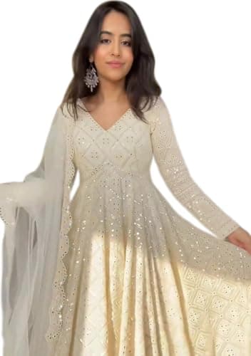 Indya Off White Sequin Work Georgette Anarkali Set – Sequin Work for Wedding | Long Sleeve | V-Neck | Indian Ethnic Wear