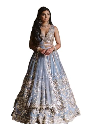 Indya Sky Blue Zari Work Net Lehenga Set for Wedding | Sleeveless | V-Neck | Indian Ethnic Wear