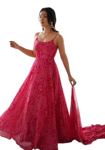 Indya Pink Bandhani Chiffon Gown for Wedding | Spaghetti Strap | Sweetheart Neck | Indian Ethnic Wear