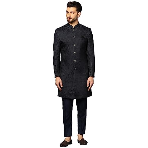 KISAH Men's Navy Blue Sherwani Trousers Set, Cotton Full Sleaves, Knee Length, Straight, Regular Fit, Mandarin Collar Ethnic wear, 44