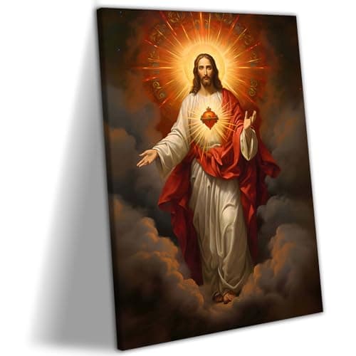 RJETZMU Sacred Heart of Jesus Canvas Wall Art, Inspirational Christian Religious Print, Gallery Wrapped Wall Decor for Living Room, Bedroom, Church, Prayer Room, 12x16 Inch, Ready to Hang
