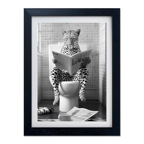Funny Bathroom Wall Art Leopard in Toilet Decor Black and White Animal Canvas Print Kids Bathroom Picture Artwork
