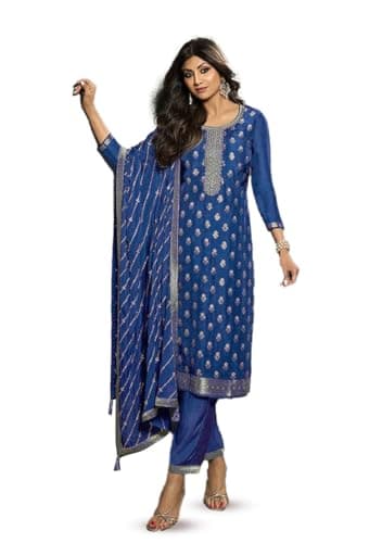 Indya Blue Jacquard Jacquard Straight Kurta Set for Festive | 3/4 Sleeve | Crew Neck | Indian Ethnic Wear