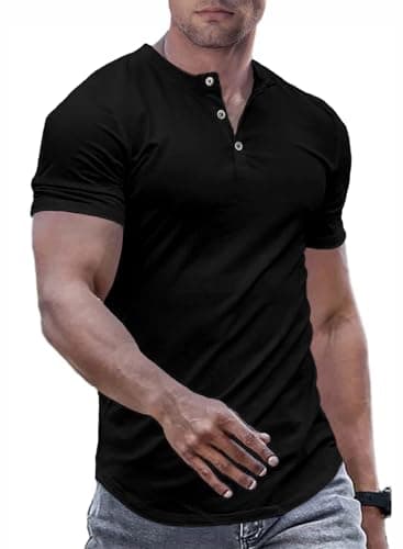 JMIERR Men's Muscle Slim Fit Button Henley Shirts Summer Crewneck Short Sleeve Longline Fitted T Shirt Gym Workout Athletic Tees Shirt for Men, S, Black