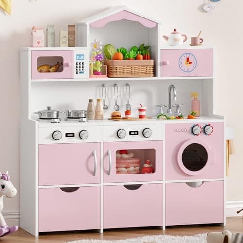 Keyluv Wooden Play Kitchen for... Gift for Boys and Girls, Pink