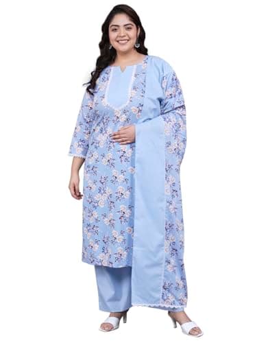 Tissu Women's Plus Size Floral Printed Pure Cotton Kurta Palazzo with Dupatta (674_Blue_6XL)