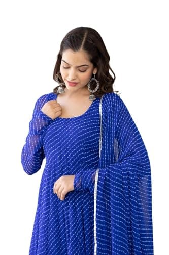 7 HORSE Women Anarkali Kurta Set with Dupatta & Pants | Full Sleeve Striped Flared Ethnic Kurti Dress | Ready to Wear 3-Piece Indian Suit for Wedding, Diwali & Festive Wear (Blue, S)