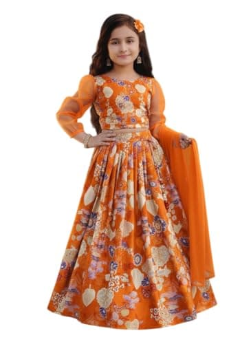 qoulrin Girl's HALF SLEEVE Readymade Tabby Lehenga Choli |Lehenga |Traditional Lehenga Choli (Orange, 3-4 years.)