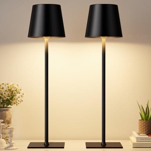 Kakanuo Black Cordless Rechargeable Table Lamp, 2 Pack Portable Desk Lamp with 5000mAh Battery, Touch Control Stepless Dimming, Wireless Night Light for Dining, Outdoor Camping, Coffee Shop