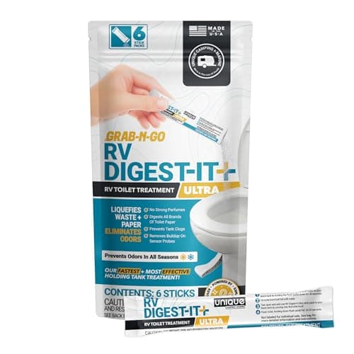 Unique RV Digest-It Ultra Stick Pack, 6 Count, Extra-Strength RV Toilet Treatment, No-Mess, Pre-measured, Grab-N-Go Bio-Enzymatic Black Tank Treatment, Eliminates Smells and Prevents Clogs