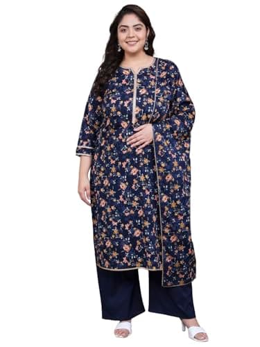 Tissu Women's Plus Size Navy Blue Printed Pure Cotton Kurta Palazzo With Dupatta (676_Dark Blue_7XL)