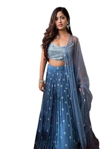 Indya Blue Georgette Sequin Work Lehenga Choli Set for Festive | Sleeveless | Square Neck | Indian Ethnic Wear