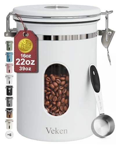 Veken Coffee Canister with Window, Airtight Stainless Steel Kitchen Food Storage Container with Lids, Date Tracker and Scoop for Grounds Coffee, Beans, Tea, Flour, Cereal, Sugar Jars, 22OZ, White