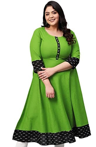 Yash Gallery Women's Plus Size Cotton Slub Printed Anarkali kurta (Green)