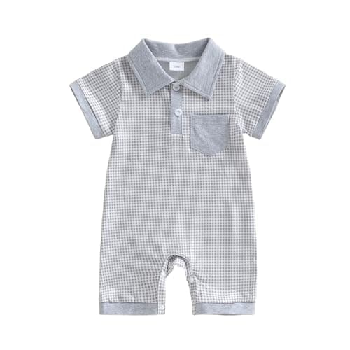 FOCUSNORM Newborn Baby Boy Summer Clothes Short Sleeve Lapel Jumpsuit Collar Plaid Romper Onesie Cute Infant Baby Boy Outfit (Plaid Gray, 3-6 Months)
