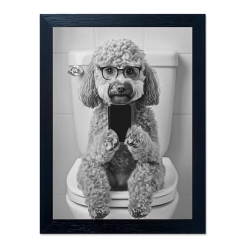 Black Framed Funny Animal Canvas Print - Playful Dog Bathroom Wall Art, Rustic Farmhouse Decor for Guest Bathroom, Restroom Sign, Ready to Hang 11"x14" Picture