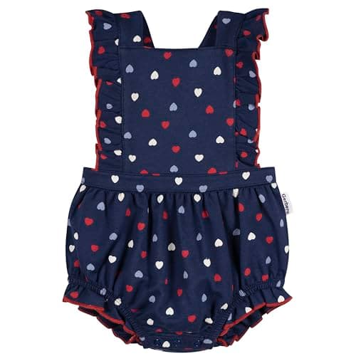 Gerber Baby Girls Sleeveless Ruffle Romper, Blue Hearts, 18 Months