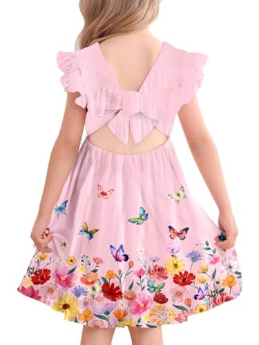 Little Girls Pink Summer Dress 4t 5t Size 5 Spring Outfit Ruffle Butterfly Colorful Floral Bowknot Tie Back Party Beach Dress