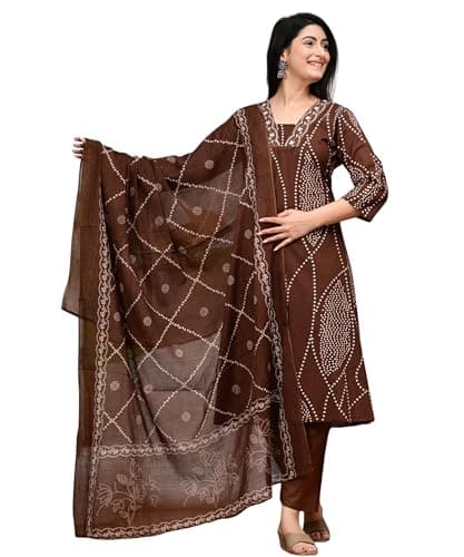 ZYLAURA Indian Casual Dress for Women Salwar Kameez Suit - Pure Cotton Ethnic Straight kurti Set, Festive Traditional Wear 3/4 Sleeve - Brown-Color XX-Large Size