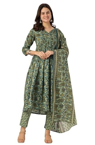 Janasya Indian Women's Cotton Sea Green Floral Print Casual Wear Kurta Set for Women
