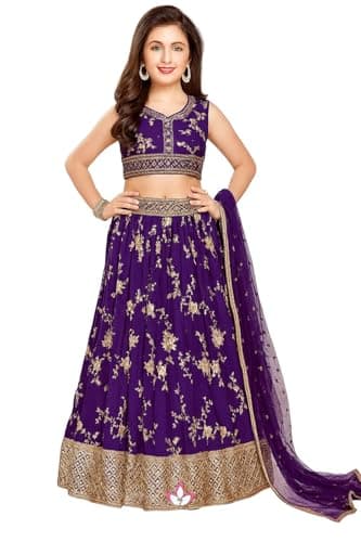 disson Designer Lehenga Choli Set with Gold Embroidery, Traditional Wedding Wear, Floral Pattern Net Fabric, 2 Piece Ethnic Dress (5 Years - 7 Years)