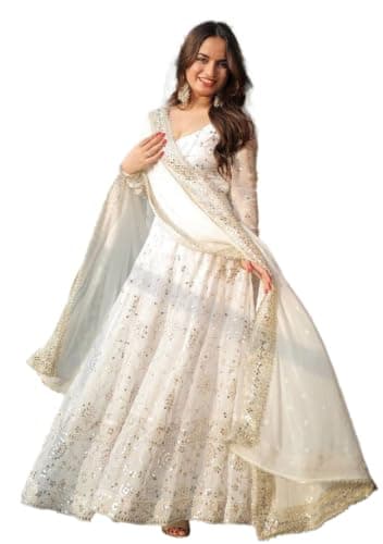 Indya White Embroidered Georgette Anarkali Set – Sweetheart Neck for Wedding | Long Sleeve | Indian Ethnic Wear