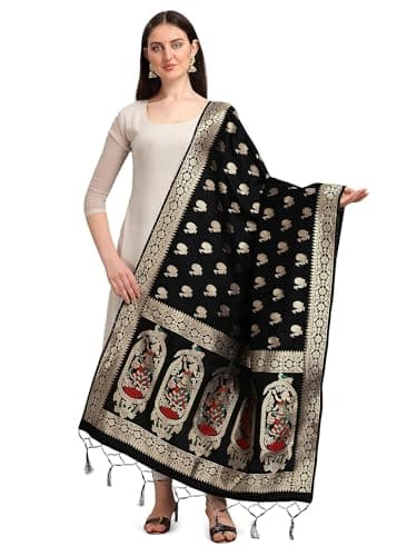 Fashtastic Women's Woven Banarasi Silk Zari Dupatta/Chunni, Width 1 Meter, Length 2.5 Meter (Smoky Black)