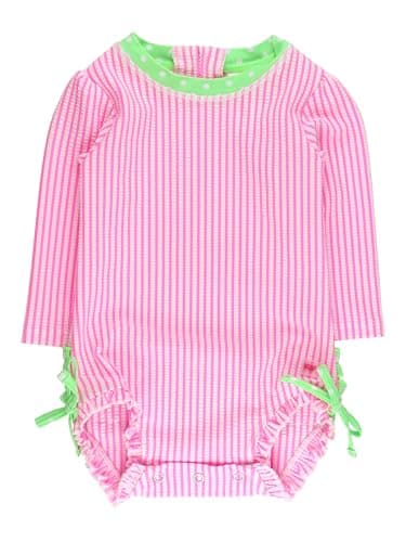 RuffleButts Baby/Toddler Girls Seersucker Long Sleeve One Piece Rash Guard Swimsuit with UPF 50+ Sun Protection - Neon Pink Seersucker, 12-18m
