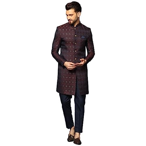 KISAH Men's Sherwani Set with Trouser – Textured Silk Blend Jacquard Ethnic Set with Mandarin Collar – Indian Wedding & Festive Wear for Diwali, Eid & Celebrations, Wine, 42
